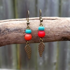 Handmade Antique Bronze Feather Earrings Dangle